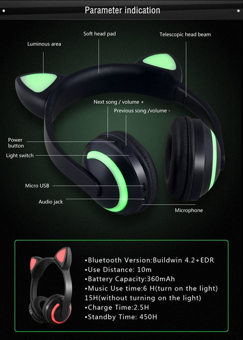 GlowTune Kitty - Bluetooth Cat Ear Headphones