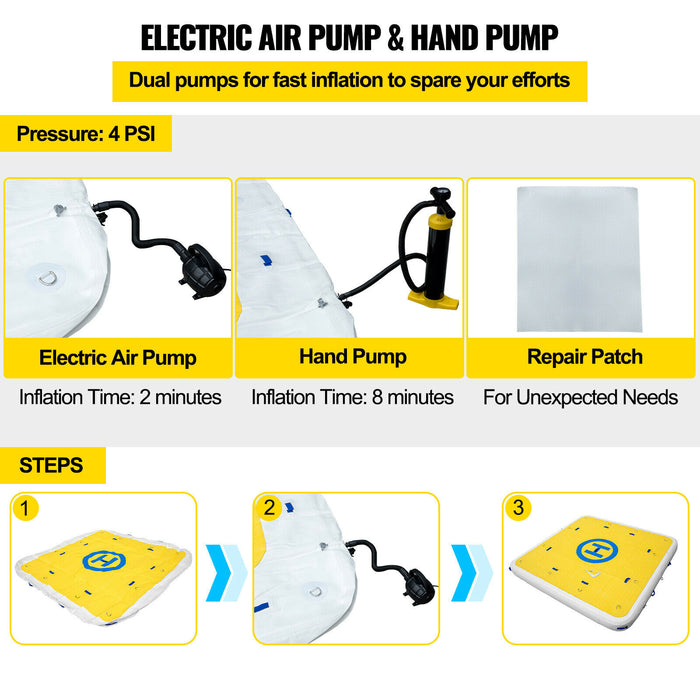 Inflatable Dock Float Platform 8' x 8' - w/2 Air Pumps